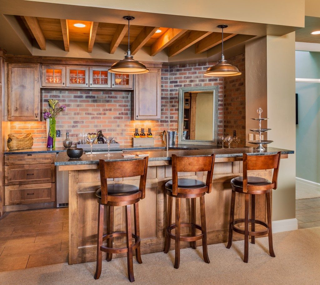 kitchen with chairs and cozy lights