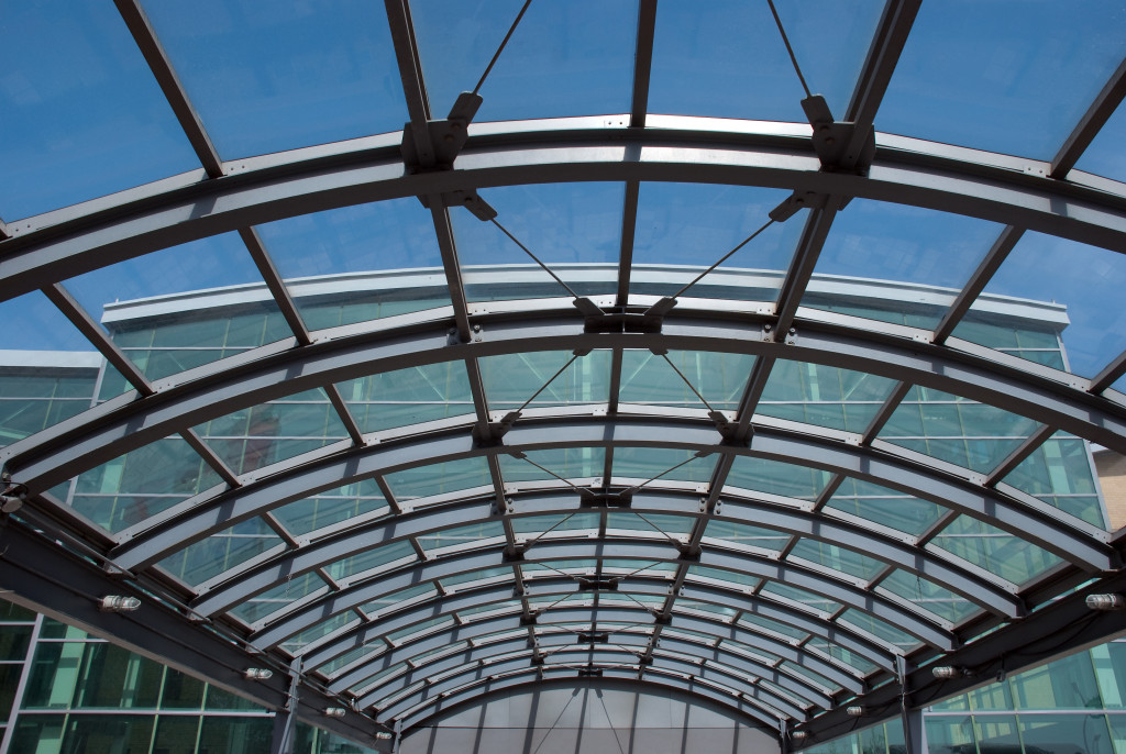 Entrance to a modern steel and glass building